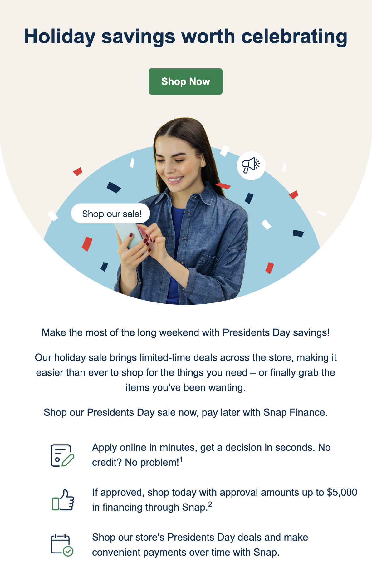 Woman shopping on phone during Presidents Day sale; offers include Snap Finance with no credit checks and easy payment options.