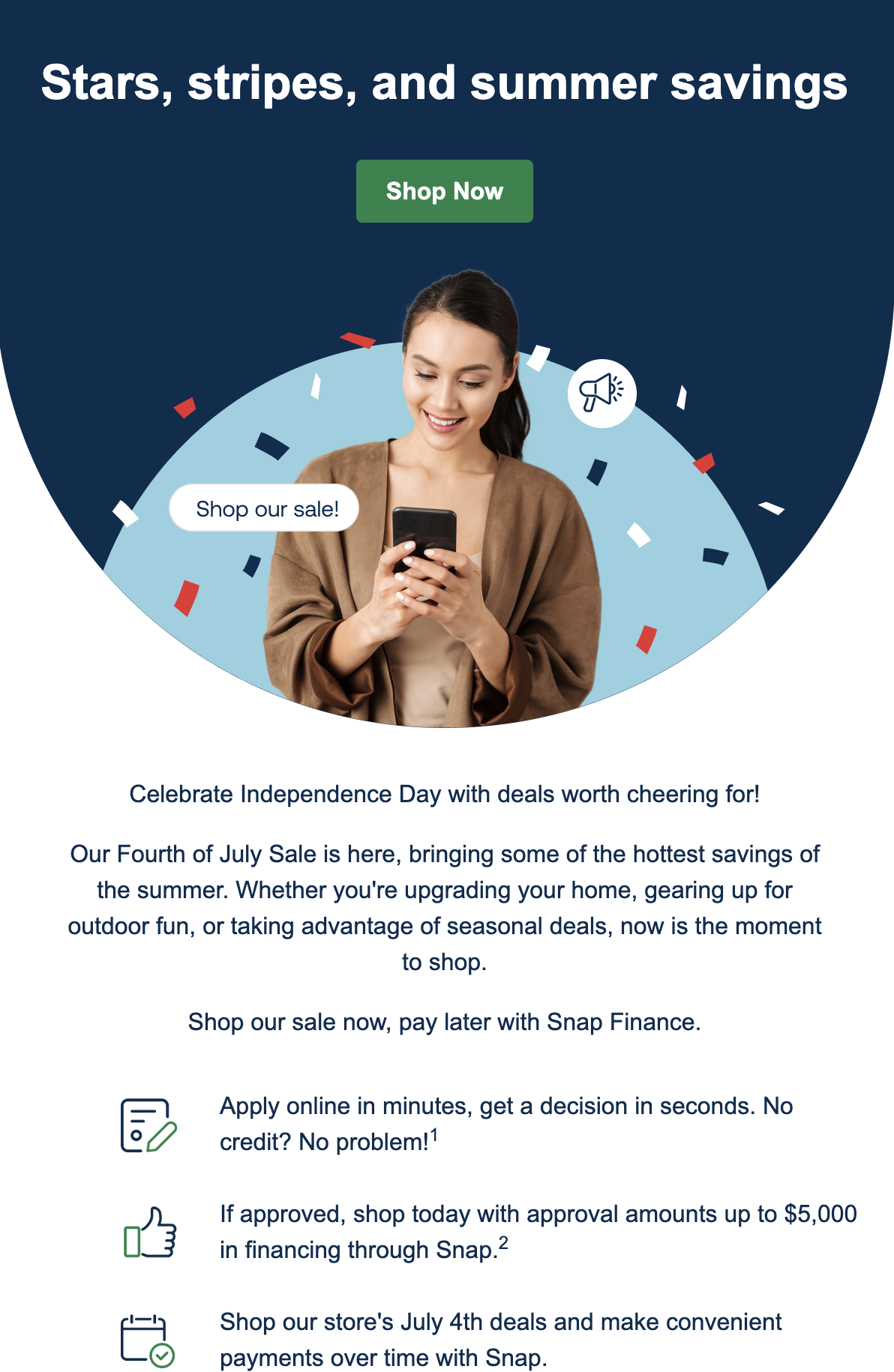 Fourth of July sale advertisement featuring a person using a phone with confetti and offers for Snap Finance.