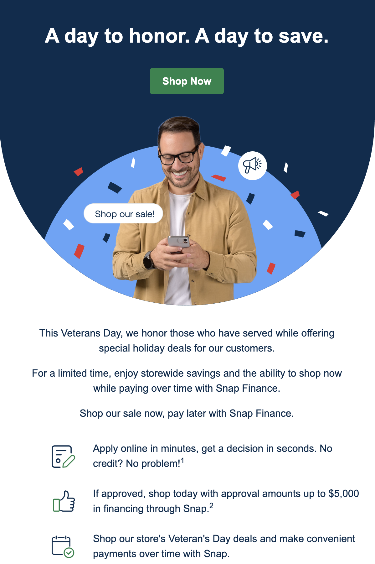 Veterans Day sale ad with a smiling man holding a phone, offering holiday deals and Snap Finance options. "Shop Now" button included.