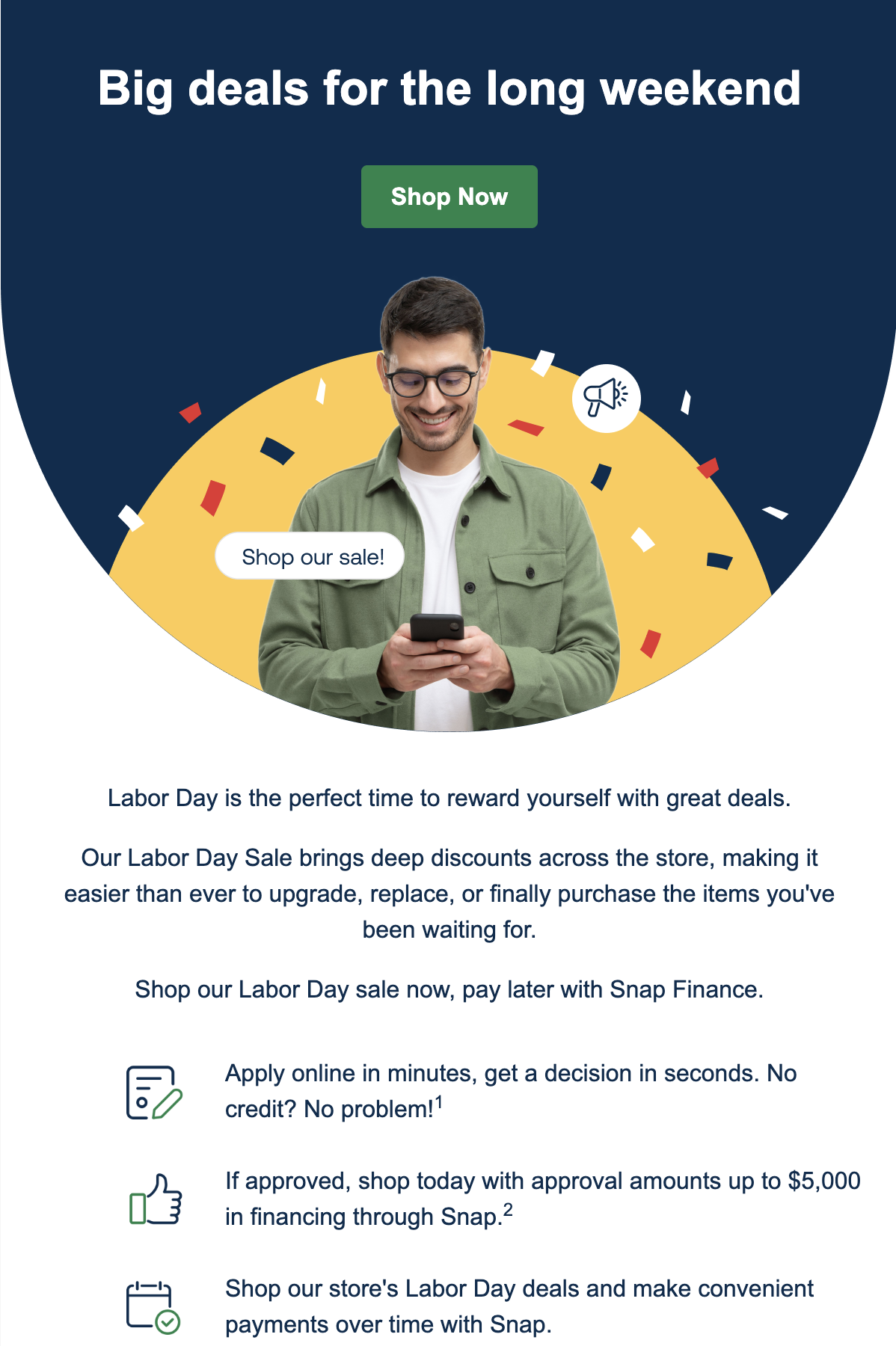 Labor Day sale ad showing a smiling person checking a phone, with bright confetti. Offers financing and big discounts.