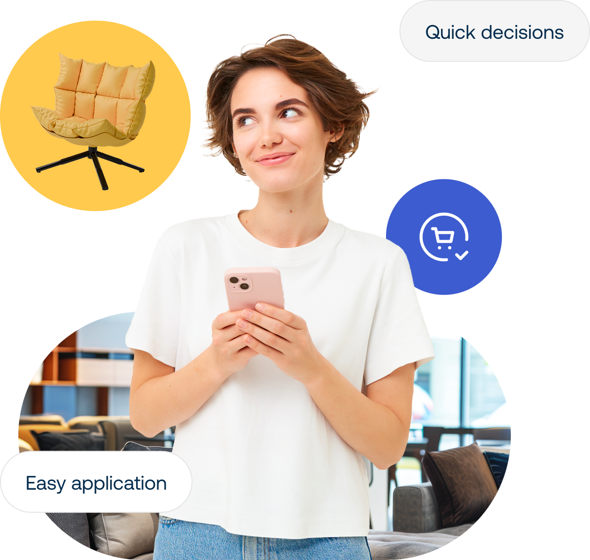 A person smiling while holding a smartphone, surrounded by icons for quick decisions and easy application, with a background of furniture.