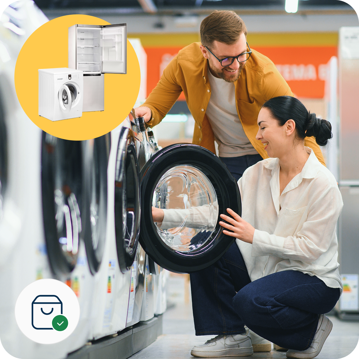 A couple happily examines a washing machine in an appliance store, with an inset of a fridge and washer above them.