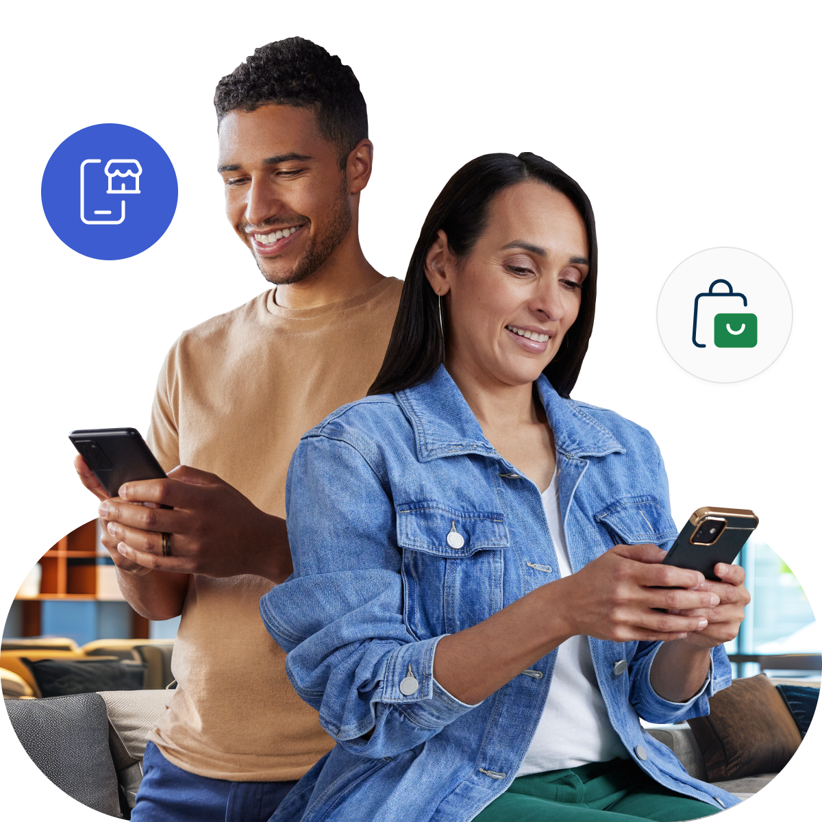 Two people smiling at smartphones, with icons of a store and shopping bag nearby, suggesting online shopping or mobile commerce.