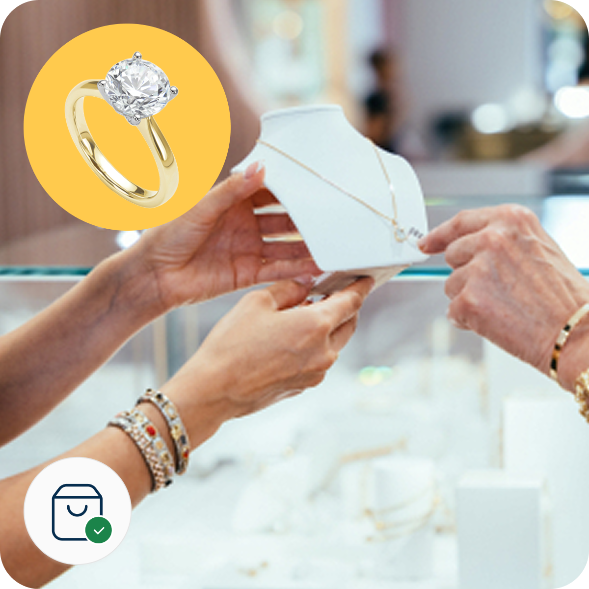 Hands examining a necklace on a display stand in a jewelry store; inset shows a gold ring with a diamond.