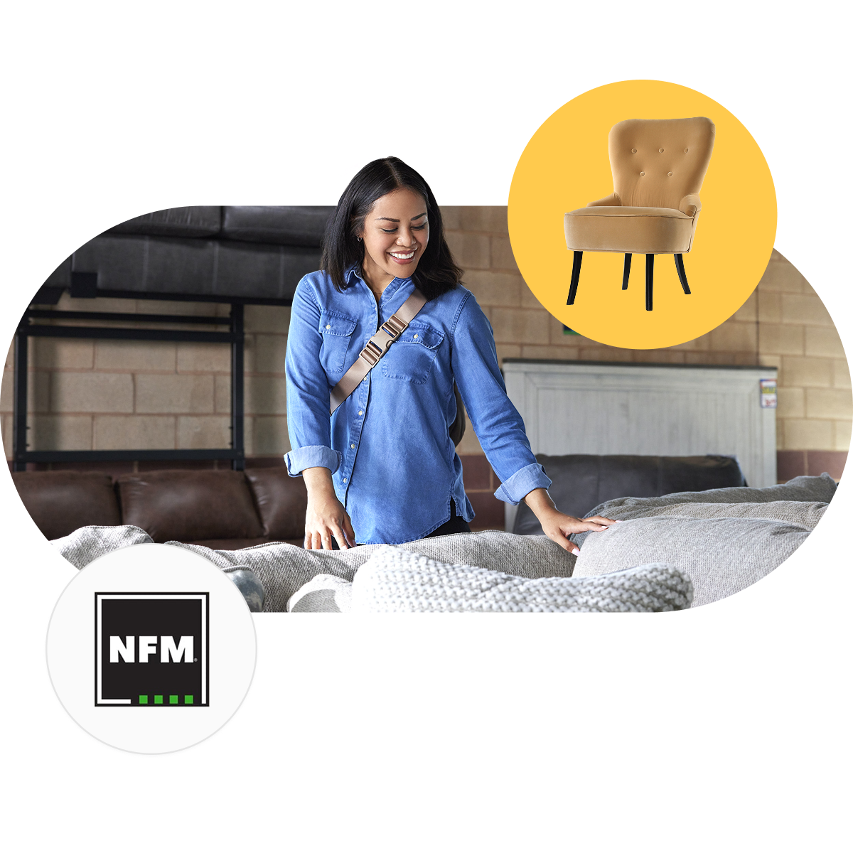 Woman in a denim shirt shopping for furniture, smiling as she touches a couch. A yellow circle shows a tufted chair. NFM logo in the corner.
