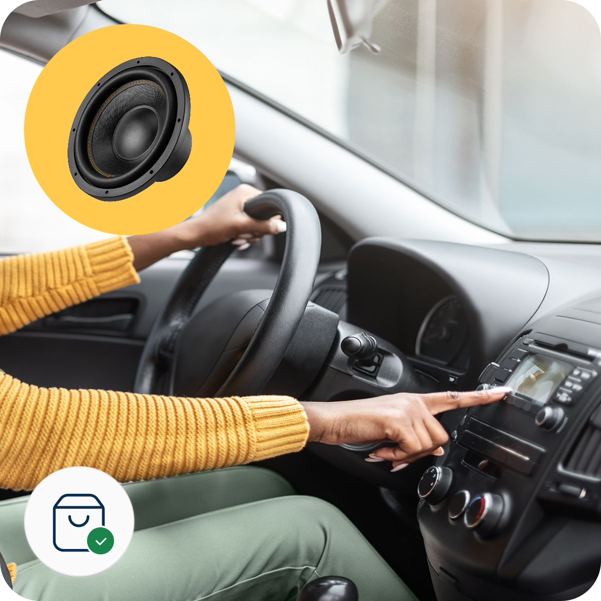 Person in a yellow sweater adjusting car stereo while driving, with a speaker and shopping icon overlaid.