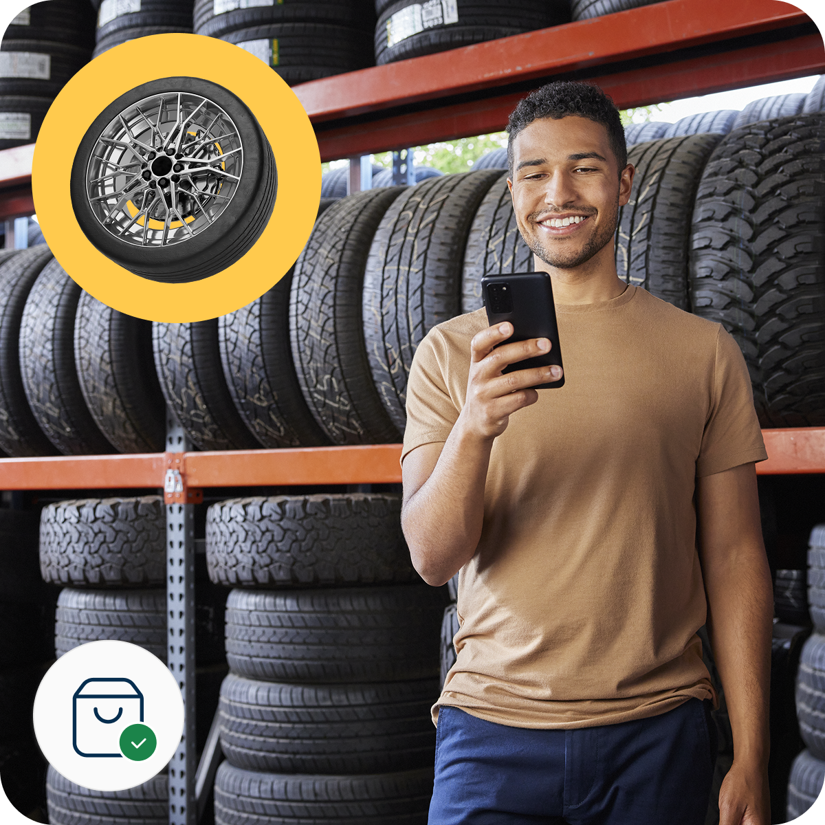 Man smiling at phone in tire store, shelves filled with tires. Overlay shows a wheel and icons for shopping and confirmation.