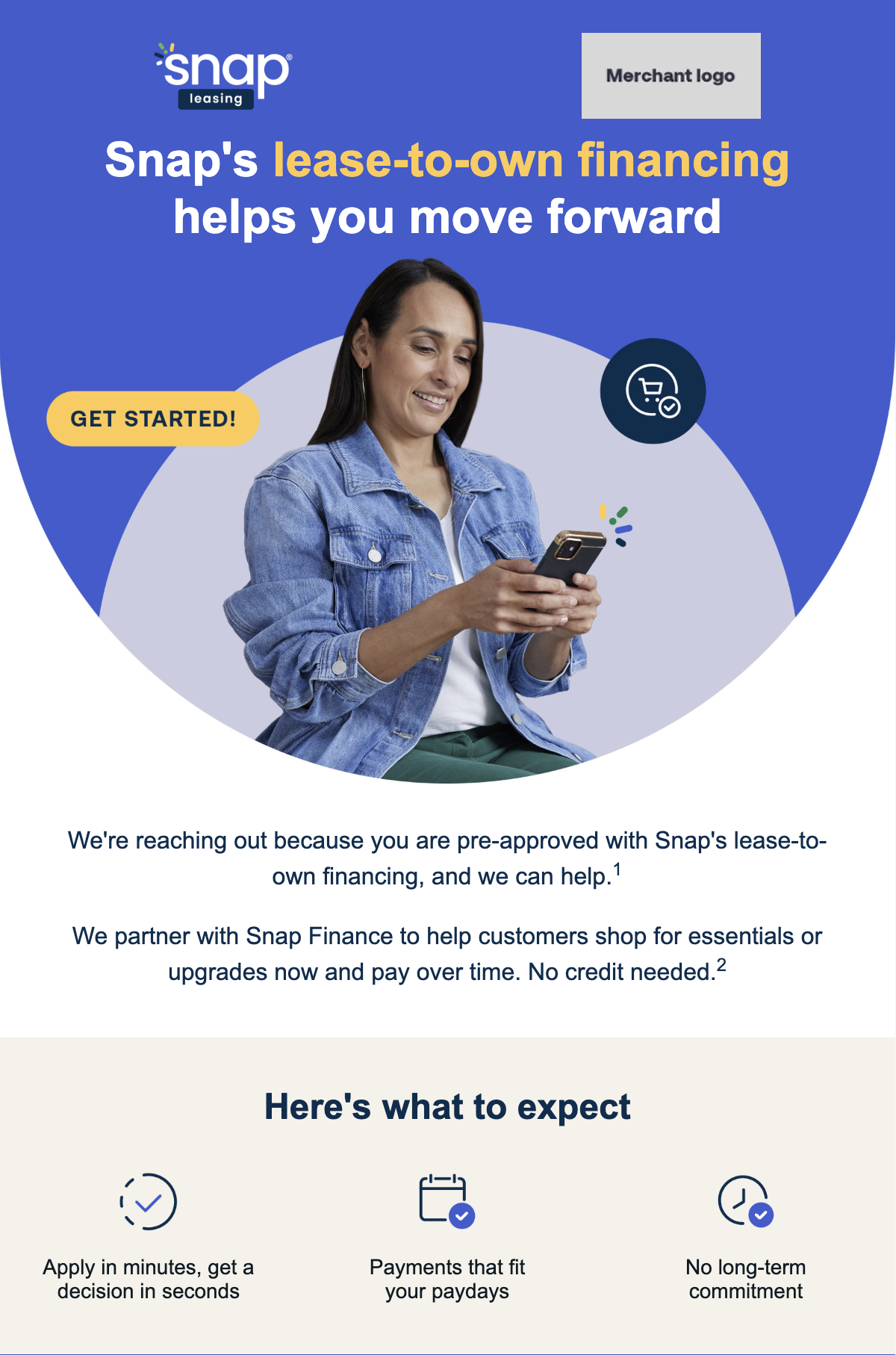 Woman using phone with text about Snap's lease-to-own financing. Features include quick decisions, flexible payments, and no long-term commitment.