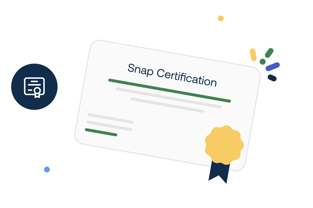 Illustration of a "Snap Certification" certificate with a yellow seal and colorful accents on a white background.