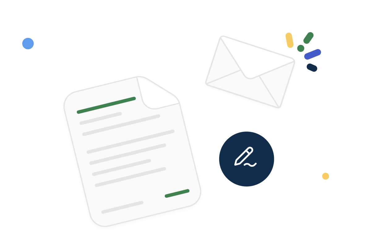 Illustration of a document, envelope, and pen icon, surrounded by colorful dots and lines on a white background.