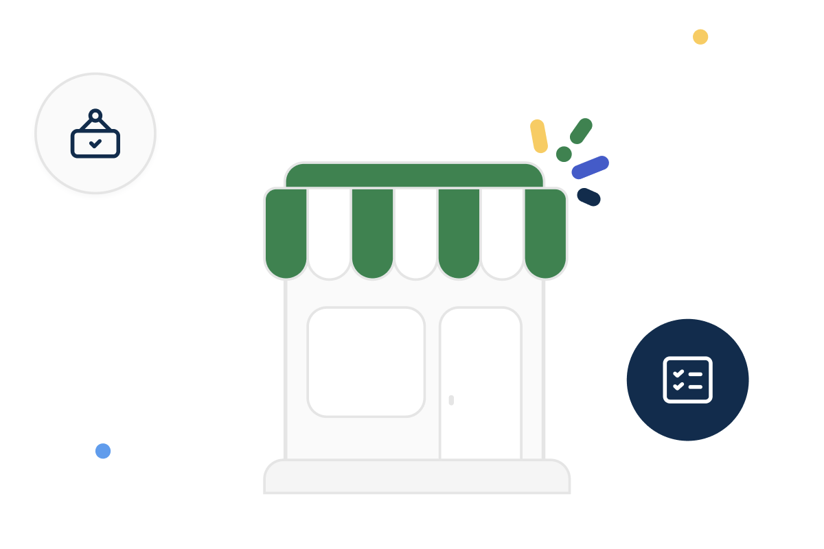 Illustration of a storefront with a green awning, surrounded by icons of a checklist and a verified sign, with colorful accents.