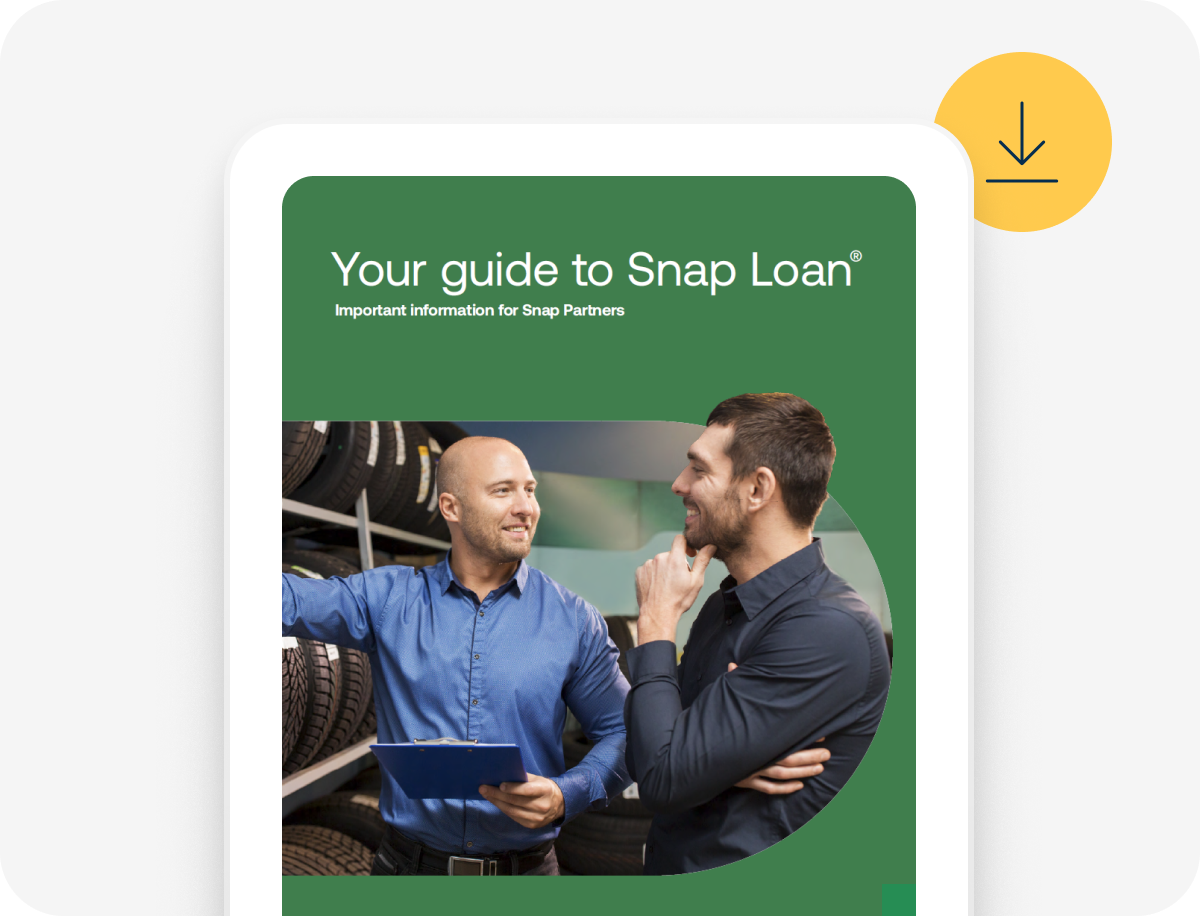 Cover of "Your Guide to Snap Loan" with two men discussing near tires, one holding a clipboard, download icon present.