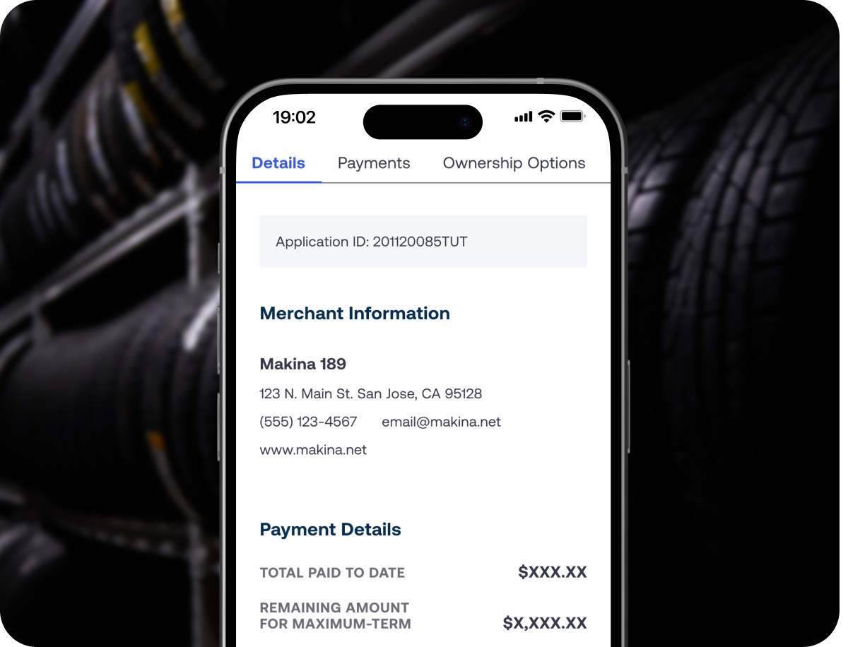 Smartphone displaying a payment details screen for "Makina 189" with blurred car tires in the background.