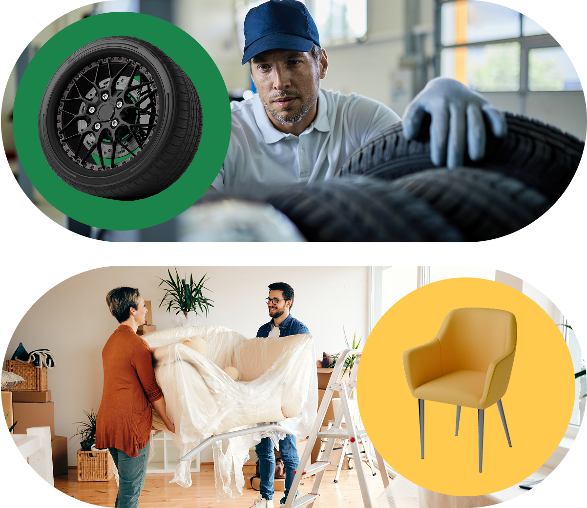 A man examines tires; two people move a wrapped chair in a home; a black car wheel and a yellow chair are superimposed next to each scene.
