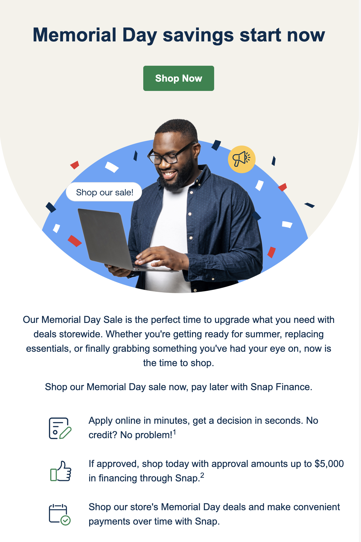 Man smiling at laptop, "Memorial Day savings start now" text, with Snap Finance offers: shop now, pay later options available.