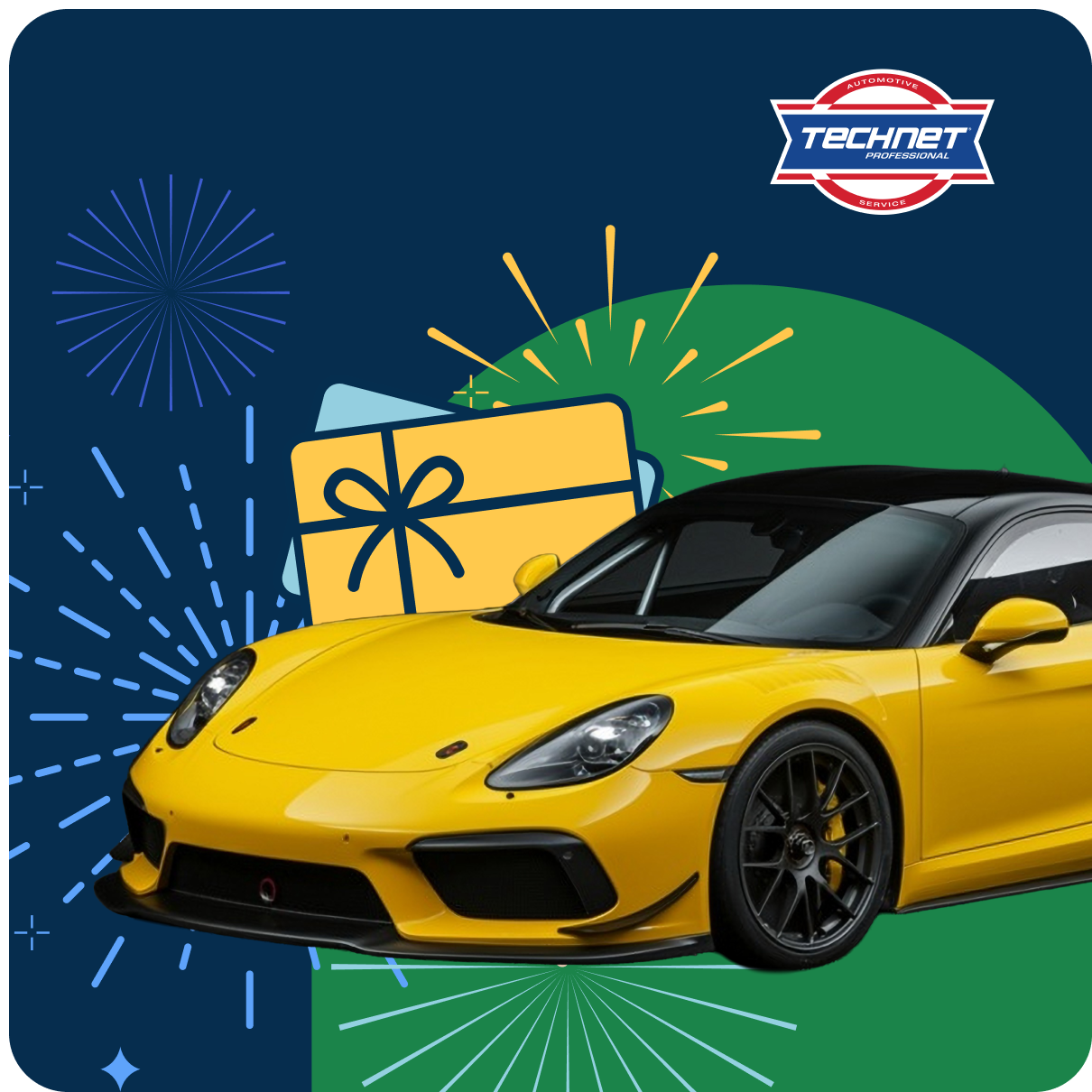 Yellow sports car with a black roof, surrounded by gift box graphics and fireworks on a festive background. Technet logo in the corner.