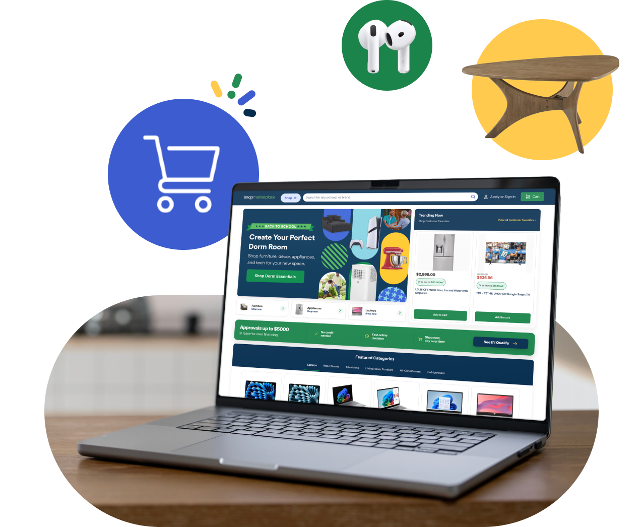 Laptop open on a wooden table displaying an online store for dorm room essentials; icons of a shopping cart, earbuds, and a coffee table hover above.