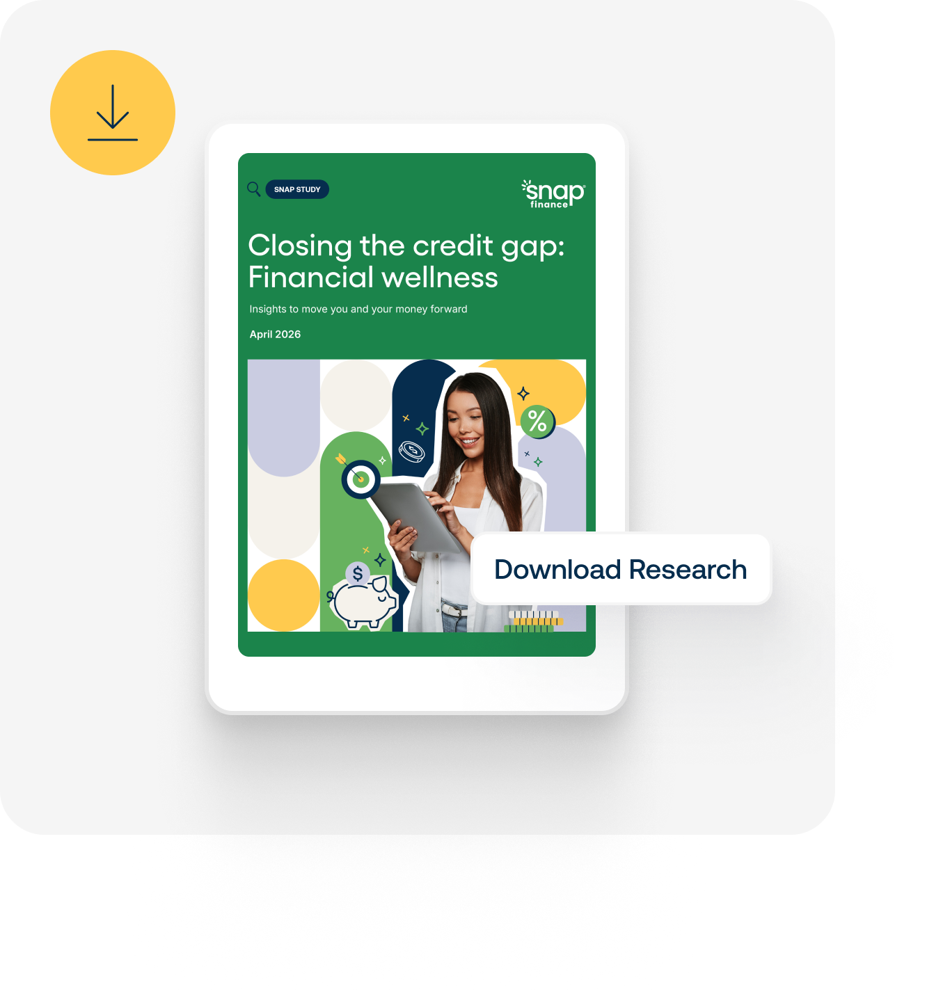 Tablet displaying a report on financial wellness titled "Closing the Credit Gap," with a button labeled "Download Research."