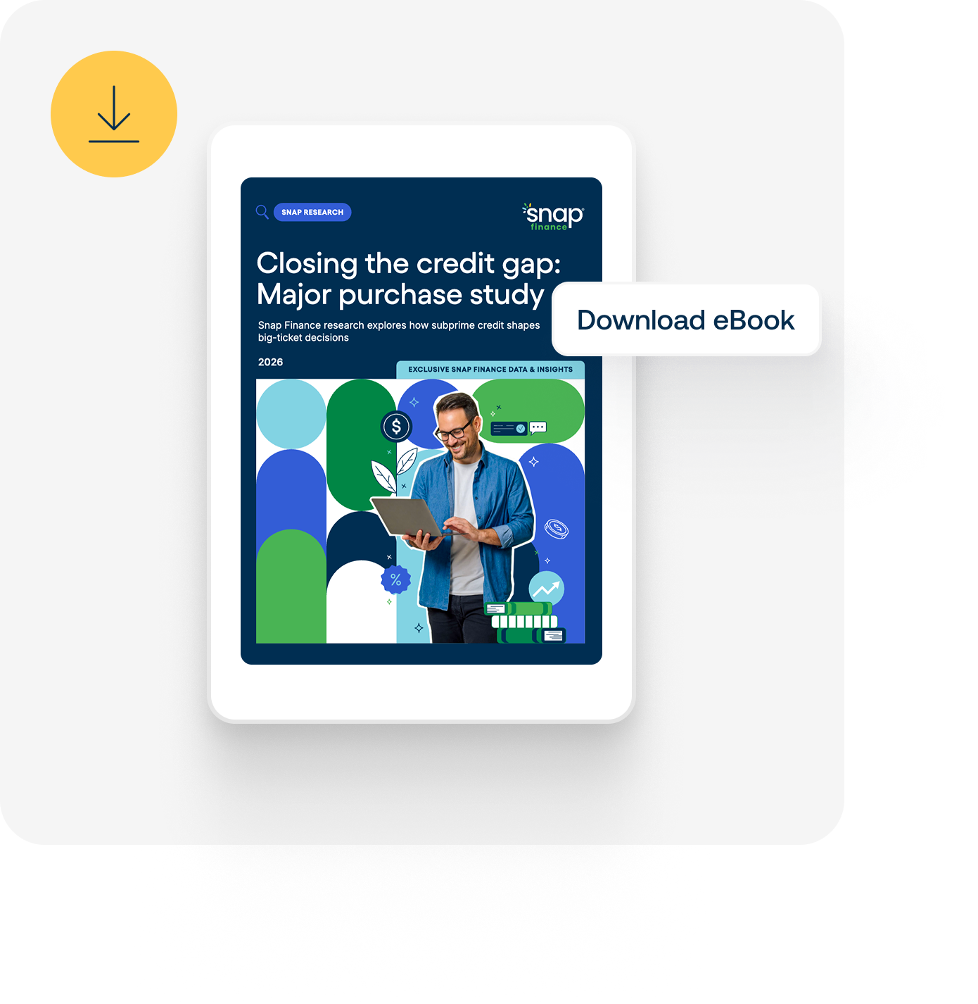 E-book cover titled "Closing the Credit Gap: Major Purchase Study" by Snap Finance, featuring a man with a tablet and financial graphics.