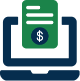 Laptop icon with a paper showing a dollar sign, symbolizing online financial transactions or digital payments.