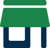 Icon of a green and blue abstract store, featuring a green awning and blue base, resembling a simplified storefront.