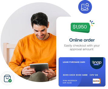 Man using a tablet next to a Snap Finance lease-purchase card showing $1,950 approval for online ordering.