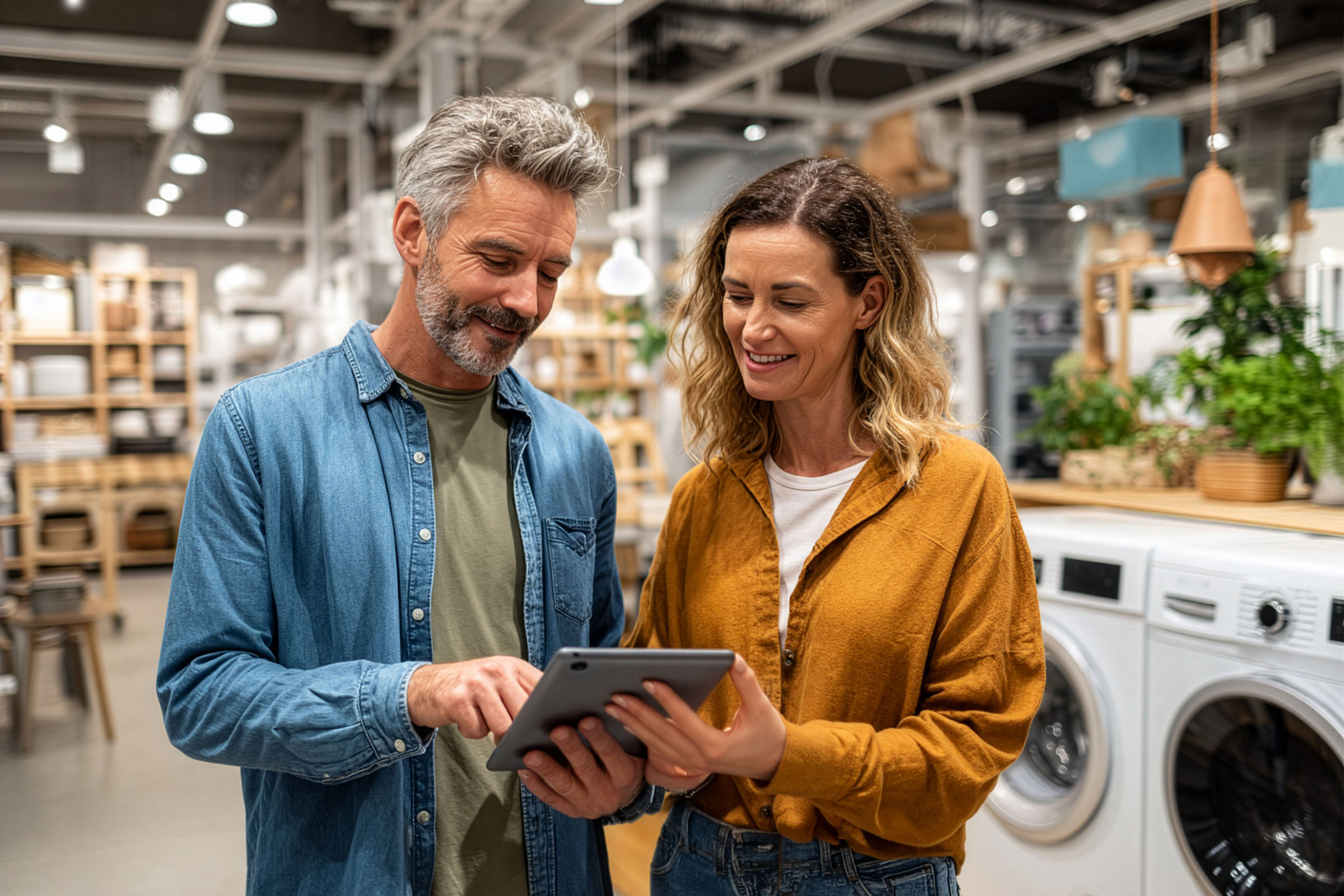 Smiling couple using a tablet while shopping in a store, standing near a row of washing machines and home goods.
