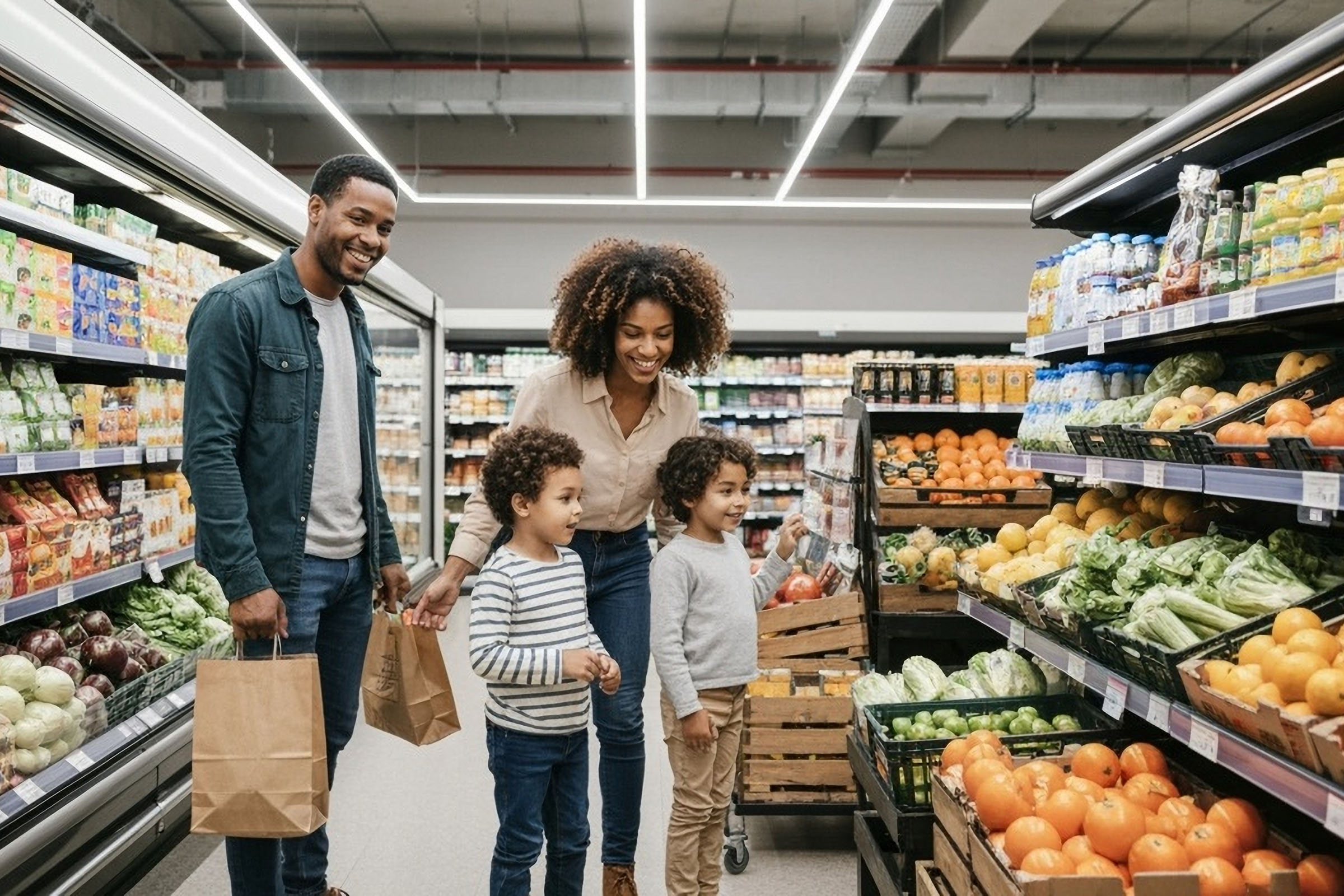 Smiling family with two children shopping for produce in a grocery store, standing near a display of fruits and vegetables.