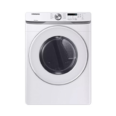 Front view of a white Samsung front-loading washing machine with a digital display and control knob.