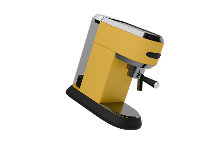 Yellow and silver espresso machine with a sleek modern design, featuring a side steam wand and black drip tray, viewed at an angle.