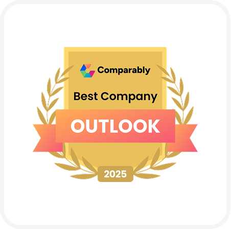 Gold badge with laurel design, labeled "Comparably Best Company Outlook 2025" on a white background.