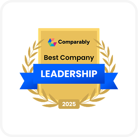 Gold badge with a laurel wreath and a blue ribbon reading "Leadership." Text: "Comparably Best Company 2025."