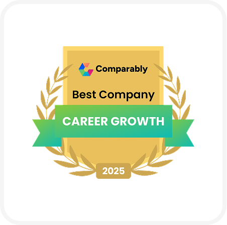 Gold badge with a laurel wreath, labeled "Comparably Best Company Career Growth 2025," featuring a green ribbon.