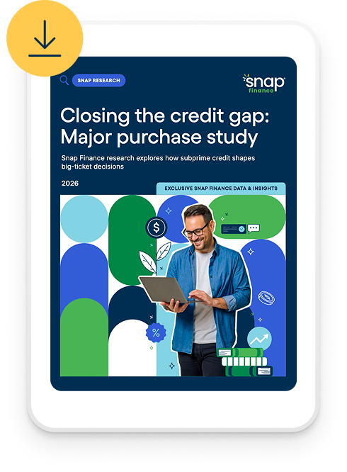 Tablet displaying Snap Finance's study on credit gaps, featuring a smiling man using a tablet.