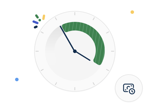 Analog clock graphic at 10:10 with a green shaded arc between 9 and 2, surrounded by colorful confetti dots and a magnifying glass icon.