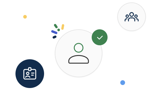 Outline icons of a person, ID badge, and group, with a green check mark and colorful confetti-like elements on a white background.