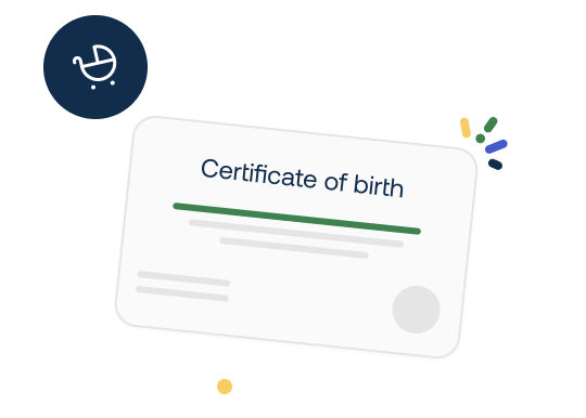 Illustration of a birth certificate with a baby stroller icon, colorful accents, and placeholder text on a white background.