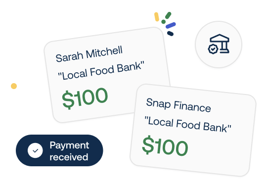 Two payments of $100 each to "Local Food Bank" by Sarah Mitchell and Snap Finance. "Payment received" notification shown.