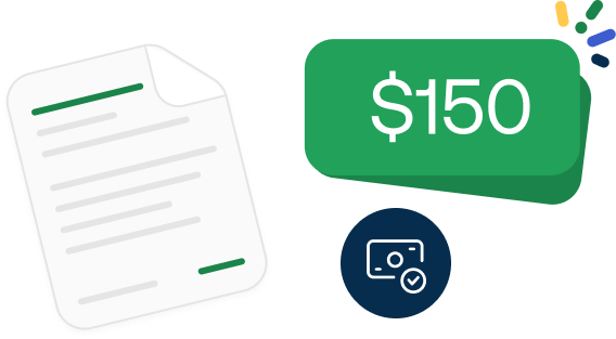 Illustration of a document and a $150 label with a verification icon below, symbolizing financial approval or transaction.
