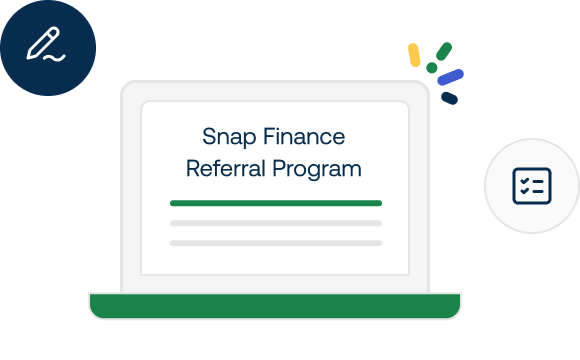 Illustration of a laptop displaying "Snap Finance Referral Program," with icons of a pencil and a checklist.