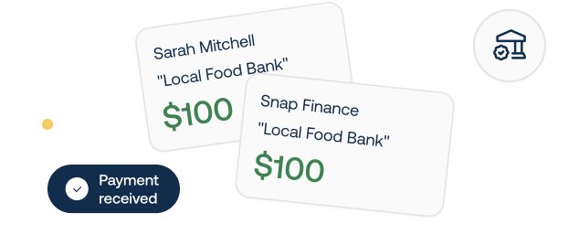 Two donations of $100 to "Local Food Bank" from Sarah Mitchell and Snap Finance. A "Payment received" notification with a checkmark icon is shown.