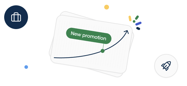 A graph with an upward arrow and "New promotion" label, surrounded by a suitcase and rocket icon on a white background with colored dots.