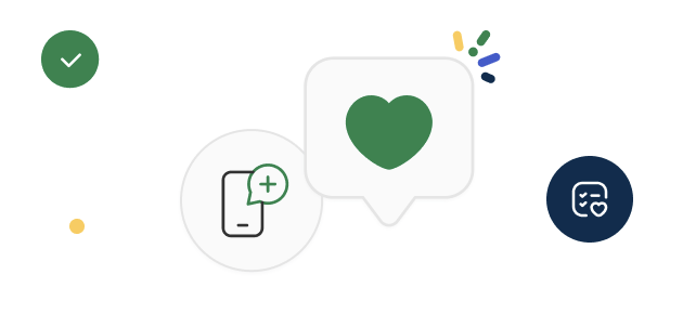 Icons of a green check mark, mobile phone with a plus, heart inside speech bubble, and face with heart. Colorful accents surround them.