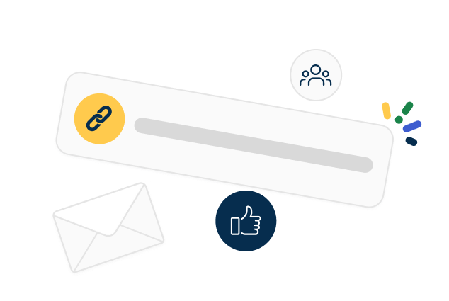 Illustration of a search bar with icons: link, envelope, thumbs up, and people, on a white background with colorful accents.