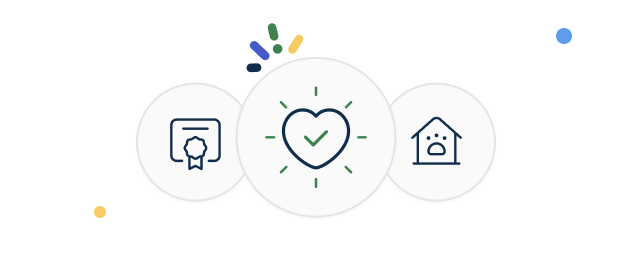 Three icons: a certificate, a heart with a check mark, and a house; colorful accents surrounding the heart.