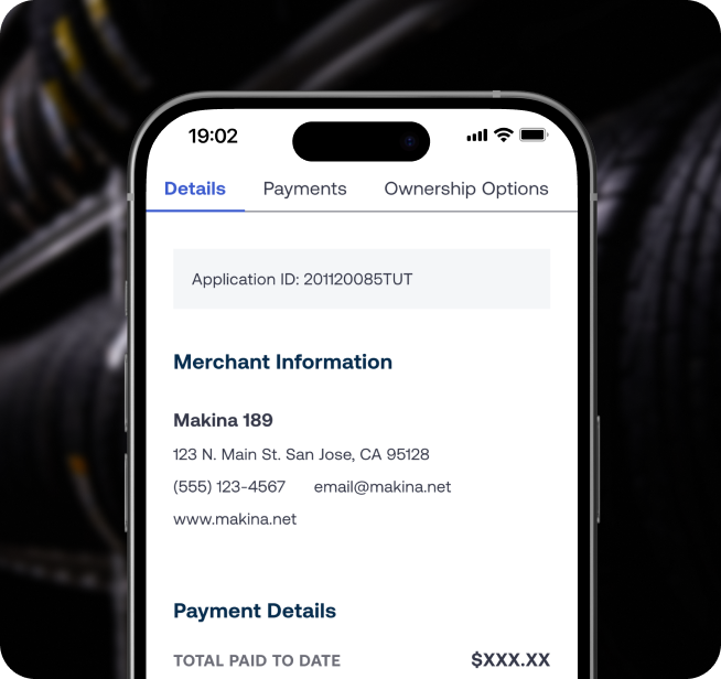 Smartphone screen displaying an application with merchant info, contact details, and a blurred background of black cables.