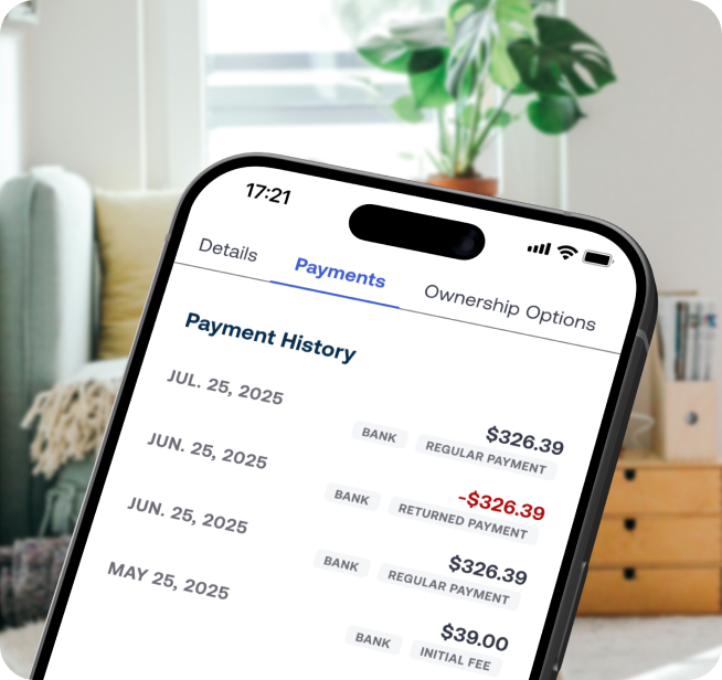 Smartphone showing payment history with dates and amounts, including a returned payment, against a cozy living room background.