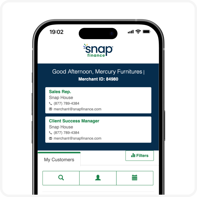 Mobile screen showing a Snap Finance app interface with contact details for a sales rep and client success manager.