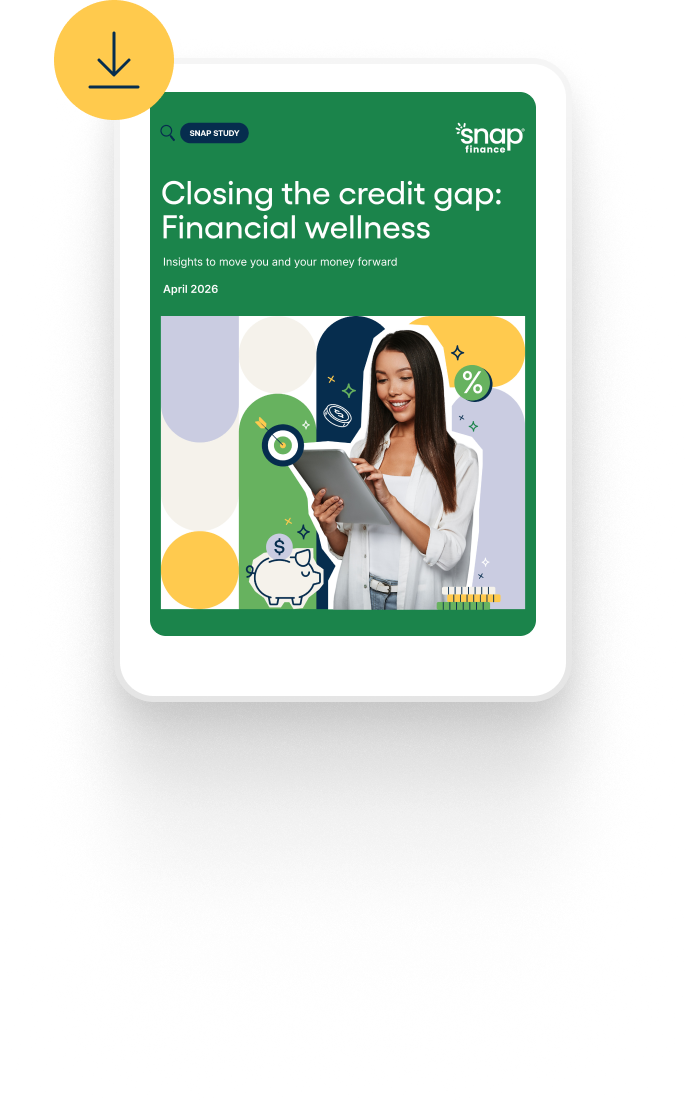Tablet displaying a financial wellness magazine cover featuring a woman using a tablet, piggy bank, coins, and graphs.