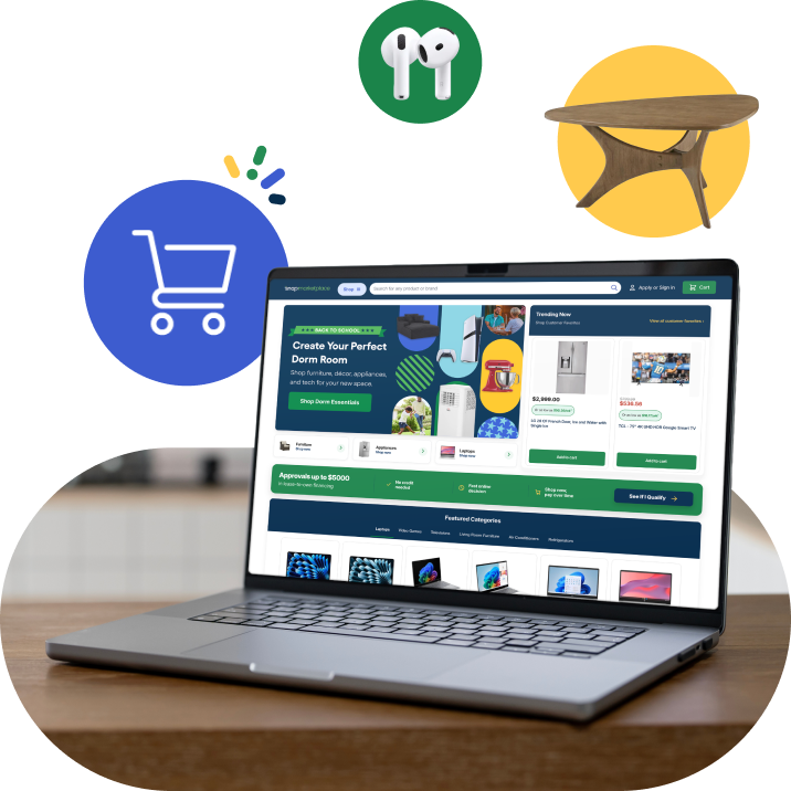 A laptop on a wooden table displaying an online shopping website, with circular icons of a shopping cart, AirPods, and a small table above.